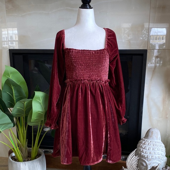 Free People Velvet Smocked Tunic Dress Wine Red Size S Dark Academia - Picture 2 of 14